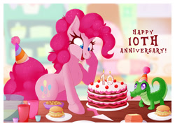 Size: 1280x920 | Tagged: safe, artist:thotdog, imported from derpibooru, gummy, pinkie pie, alligator, pony, birthday candles, burger, cake, candle, female, food, happy birthday mlp:fim, hat, hay burger, mare, mlp fim's tenth anniversary, open mouth, party hat, smiling