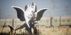 Size: 3840x1920 | Tagged: safe, artist:phoenixtm, imported from derpibooru, oc, oc:phoenix stardash, alien, cyborg, original species, 3d, ceikraill, lens flare, looking at camera, spread wings, train, trainyard, unreal engine, wings