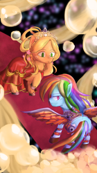 Size: 4000x7125 | Tagged: safe, artist:snowzaaah, imported from derpibooru, applejack, rainbow dash, pony, fanfic:appledashery, alternate universe, alternateuniverse, appledash, appledashery, fanart, fanfic art, fantasy, female, lesbian, painting, shipping, shortskirtsandexplosions