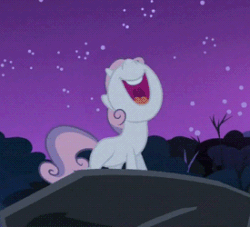 Size: 275x250 | Tagged: safe, imported from derpibooru, screencap, sweetie belle, pony, season 3, sleepless in ponyville, animated, campfire song, cropped, female, filly, gif, night, non-animated gif, nose in the air, open mouth, solo, stars