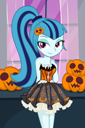 Size: 3200x4800 | Tagged: safe, artist:daarkenn, imported from derpibooru, sonata dusk, equestria girls, adorasexy, bare shoulders, bedroom eyes, breasts, cleavage, clothes, costume, cute, dress, halloween, halloween costume, holiday, looking at you, pumpkin, sexy, sleeveless, solo, sonatabetes, strapless