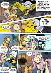 Size: 1204x1700 | Tagged: safe, artist:tarkron, imported from derpibooru, applejack, fluttershy, earth pony, griffon, pegasus, pony, comic:what happens in las pegasus, abuse, applejack's hat, clothes, coat, comic, cowboy hat, crying, faic, faint, freckles, hat, hooves up, hug, nervous, scared, shocked, shrunken pupils, sitting, tears of fear, tears of nervousness, teary eyes, thousand yard stare, train station