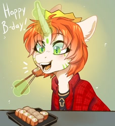 Size: 1453x1600 | Tagged: safe, artist:faract, imported from derpibooru, oc, oc only, oc:etoz, pony, unicorn, blushing, chopsticks, clothes, coat markings, crown, curved horn, eating, fangs, female, food, gift art, happy, happy birthday, heart eyes, horn, jewelry, magic, magic aura, mare, open mouth, regalia, shirt, smiling, solo, sushi, t-shirt, unicorn oc, wingding eyes