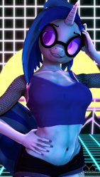 Size: 2160x3840 | Tagged: safe, artist:foxventus, imported from derpibooru, dj pon-3, vinyl scratch, anthro, unicorn, 3d, arm behind head, belly button, breasts, glasses, midriff, sfm pony, source filmmaker