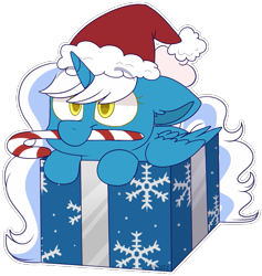 Size: 709x749 | Tagged: safe, artist:jetjetj, imported from derpibooru, part of a set, oc, oc only, oc:fleurbelle, alicorn, pony, candy, candy cane, christmas, commission, female, food, hat, holiday, mare, present, santa hat, simple background, solo, transparent background, ych result