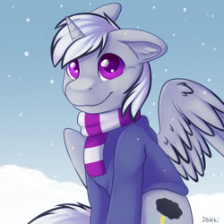 Size: 2500x2500 | Tagged: safe, artist:dbleki, imported from derpibooru, oc, oc only, oc:dark tempest, alicorn, pony, alicorn oc, clothes, feathered wings, hoodie, horn, male, scarf, sitting, smiling, snow, snowfall, solo, stallion, wings, winter