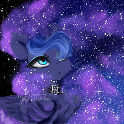 Size: 3000x3000 | Tagged: safe, artist:livitoza, imported from derpibooru, princess luna, alicorn, pony, bust, chest fluff, choker, ear fluff, ethereal mane, female, folded wings, hair over one eye, looking up, mare, portrait, solo, starry mane, three quarter view, wings