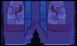 Size: 1012x603 | Tagged: safe, artist:spokenmind93, imported from derpibooru, nightmare moon, oc, oc:nyx, alicorn, comic:past sins, banner, castle, pillar, rearing, stained glass, stained glass window, throne, throne room, window pane