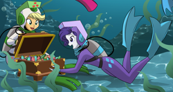 Size: 2334x1243 | Tagged: safe, artist:smeadows, edit, imported from derpibooru, applejack, rarity, equestria girls, bubble, cropped, diving suit, duo, duo female, female, jewels, lama scuba gear, scuba, scuba gear, seaweed, swimming, treasure, treasure chest, underwater, wetsuit