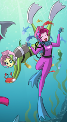 Size: 1300x2359 | Tagged: safe, artist:smeadows, edit, imported from derpibooru, fluttershy, pinkie pie, crab, dolphin, fish, equestria girls, bubble, cropped, diving suit, duo, duo female, female, lama scuba gear, scuba, scuba gear, seaweed, swimming, underwater, wetsuit