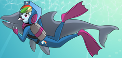 Size: 1702x817 | Tagged: safe, artist:smeadows, edit, imported from derpibooru, rainbow dash, dolphin, equestria girls, bubble, cropped, diving suit, female, lama scuba gear, scuba, scuba gear, solo, solo female, swimming, underwater, wetsuit