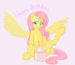 Size: 927x808 | Tagged: safe, artist:owlnon, imported from derpibooru, fluttershy, pegasus, pony, blushing, cake, food, solo, strategically covered