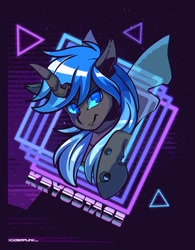 Size: 1280x1645 | Tagged: safe, artist:ciderpunk, imported from derpibooru, oc, oc:kryostasis, changeling, blue changeling, changeling oc, commission, retro, retrowave, synthwave