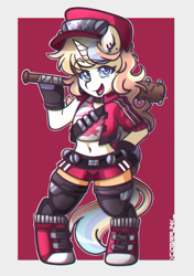 Size: 1407x2000 | Tagged: safe, artist:ciderpunk, imported from derpibooru, oc, oc only, pony, unicorn, baseball bat, bipedal, boots, cap, clothes, hat, looking at you, shoes, smiling, solo, standing