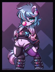 Size: 1280x1677 | Tagged: safe, artist:ciderpunk, imported from derpibooru, oc, oc only, pony, abstract background, belly button, bipedal, boots, bubblegum, clothes, ear piercing, fishnets, food, gum, hair over one eye, hoof boots, looking at you, piercing, shoes, solo, standing