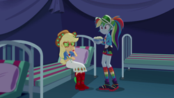 Size: 1920x1080 | Tagged: safe, imported from derpibooru, screencap, applejack, rainbow dash, accountibilibuddies, equestria girls, equestria girls series, spoiler:eqg series (season 2), accountibilibuddies: rainbow dash, bed, clothes, rainbow socks, socks, striped socks