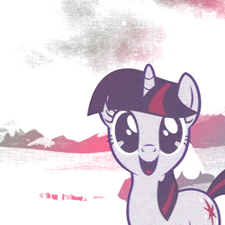 Size: 1200x1200 | Tagged: safe, imported from derpibooru, twilight sparkle, pony, unicorn, female, mountain, open mouth, photoshop, smiling, smiling at you, snow, solo, unicorn twilight