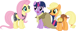 Size: 7191x3000 | Tagged: safe, artist:cloudy glow, artist:cloudyglow, imported from derpibooru, applejack, clover the clever, fluttershy, private pansy, smart cookie, twilight sparkle, earth pony, pegasus, pony, unicorn, hearth's warming eve (episode), open mouth, simple background, talking, transparent background, trio, unicorn twilight, vector