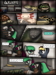 Size: 1750x2333 | Tagged: safe, artist:99999999000, imported from derpibooru, oc, oc:li anna, axolotl, earth pony, gecko, iguana, leopard gecko, lizard, pegasus, pony, tortoise, comic:outing, comic, female, glasses, male, motorcycle