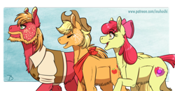 Size: 1800x941 | Tagged: safe, artist:inuhoshi-to-darkpen, imported from derpibooru, apple bloom, applejack, big macintosh, earth pony, alternate universe, apple siblings, apple sisters, applejack's hat, bandana, beard, belly fluff, brother and sister, chest fluff, clothes, cowboy hat, ear fluff, eyes closed, facial hair, female, freckles, hat, male, older, older apple bloom, open mouth, siblings, sisters