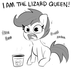 Size: 3000x3000 | Tagged: safe, artist:tjpones, imported from derpibooru, scootaloo, pegasus, pony, sparkles! the wonder horse!, caffeine, coffee, dialogue, female, filly, grayscale, i am the lizard queen, jim morrison, lisa simpson, mare, missing wing, monochrome, open mouth, reference, simple background, simpsons did it, sitting, sketch, snaggletooth, solo, starbucks, the doors, the simpsons, this will end in tree sap, tooth gap, white background, wide eyes, wingless, xk-class end-of-the-world scenario