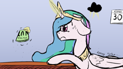 Size: 1920x1080 | Tagged: safe, artist:soccy, imported from derpibooru, princess celestia, alicorn, pony, annoyed, bag, calendar, colored sketch, cross-popping veins, crown, empty, gradient background, jewelry, levitation, magic, no nut november, peytral, pun, regalia, stormcloud, table, telekinesis