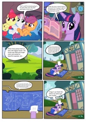 Size: 1280x1820 | Tagged: safe, artist:barberchair, imported from derpibooru, apple bloom, scootaloo, sweetie belle, twilight sparkle, alicorn, earth pony, pegasus, pony, comic:the practical pony, blueprint, clock, clothes, cutie mark crusaders, day, gloves, hammer, hat, night, overalls, twilight sparkle (alicorn), wheel
