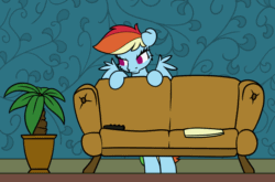 Size: 942x620 | Tagged: safe, artist:dacaoo, imported from derpibooru, rainbow dash, pegasus, pony, animated, behaving like a cat, bipedal, bipedal leaning, couch, ears back, feathered wings, floppy ears, gif, hiding, leaning, no pupils, roomba, scared, solo, spread wings, vacuum cleaner, wings