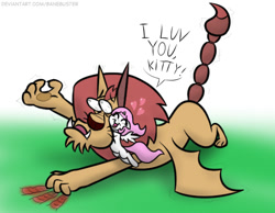 Size: 563x437 | Tagged: safe, artist:banebuster, imported from derpibooru, princess celestia, alicorn, manticore, pony, series:tiny tia, and call him george, bloodshot eyes, cewestia, cute, cutelestia, eye bulging, female, filly, hug, pink-mane celestia, simple background, super strength, white background, younger