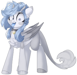 Size: 1676x1643 | Tagged: safe, artist:cinnamontee, imported from derpibooru, oc, oc only, oc:rin, pegasus, pony, blue tongue, chest fluff, collar, drool, female, horn, mare, multiple horns, simple background, solo, tongue out, transparent background