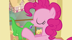 Size: 1920x1080 | Tagged: safe, imported from derpibooru, screencap, gummy, pinkie pie, alligator, earth pony, pony, party pooped, season 5, female, forehead kiss, kiss on the head, kissing, mare