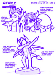 Size: 755x1024 | Tagged: safe, artist:jcosneverexisted, imported from derpibooru, smolder, yona, dragon, yak, uprooted, dab, dialogue, evil, female, season 9 doodles, stone, text