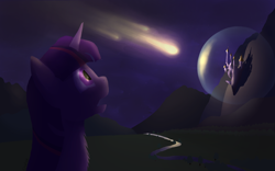 Size: 1920x1200 | Tagged: safe, artist:crusierpl, imported from derpibooru, twilight sparkle, pony, unicorn, canterlot, castle, chest fluff, cloud, comet, female, fluffy, force field, forest, fur, gasping, hair, looking at something, mane, mare, meteor, mountain, mountain range, multicolored hair, night, open mouth, outdoors, purple eyes, purple fur, reflection, river, scenery, shadow, side view, signature, solo, stars, unicorn twilight, water