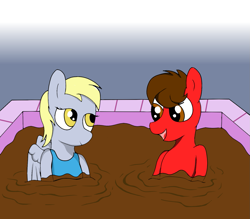 Size: 1371x1200 | Tagged: safe, artist:amateur-draw, imported from derpibooru, derpy hooves, oc, oc:gio the red horse, earth pony, pegasus, pony, bathing, clothes, female, looking at each other, male, mare, mud, mud bath, muddy, oc and canon, one-piece swimsuit, request, requested art, simple background, spa, stallion, swimsuit