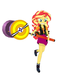 Size: 969x1081 | Tagged: safe, imported from derpibooru, sunset shimmer, equestria girls, clothes, hammer, jacket, protecting, ready to fight, shirt, simple background, skirt, solo, strength, transparent background, weapon