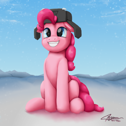 Size: 4000x4000 | Tagged: safe, artist:r5on11c, imported from derpibooru, pinkie pie, earth pony, pony, absurd resolution, cute, diapinkes, female, floppy ears, grin, hat, mare, ponk, sitting, smiling, snow, solo, squee, ushanka, winter