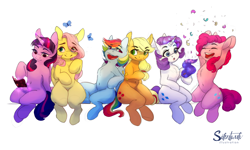 Size: 2500x1500 | Tagged: safe, artist:silentwulv, imported from derpibooru, applejack, fluttershy, pinkie pie, rainbow dash, rarity, twilight sparkle, alicorn, earth pony, pegasus, pony, unicorn, belly button, book, chest fluff, eye clipping through hair, fabric, female, heart eyes, mane six, mare, open mouth, simple background, sitting, smiling, twilight sparkle (alicorn), white background, wide hips, wingding eyes