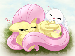 Size: 1200x900 | Tagged: safe, artist:joakaha, imported from derpibooru, angel bunny, fluttershy, pegasus, pony, rabbit, angelbetes, animal, cute, eyes closed, female, floppy ears, heart, male, mare, shyabetes, sleeping, weapons-grade cute