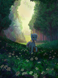 Size: 1920x2560 | Tagged: safe, artist:quvr, imported from derpibooru, trixie, pony, unicorn, basket, female, females only, flower, forest, hoof hold, horn, mare, meadow, scenery, solo, tree