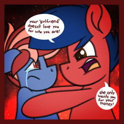 Size: 1200x1200 | Tagged: safe, artist:thebadbadger, imported from derpibooru, oc, oc only, oc:hot pop, oc:phire demon, earth pony, pony, abuse, angry, crying, earth pony oc, floppy ears, male, open mouth, stallion