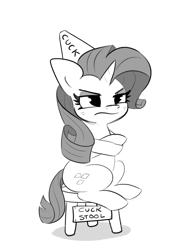 Size: 2920x3780 | Tagged: safe, artist:tjpones, imported from derpibooru, rarity, pony, unicorn, crossed hooves, cuckold, cuckquean, dunce hat, female, grayscale, grumpy, hat, mare, monochrome, rarity is not amused, simple background, sitting, solo, stool, unamused, white background