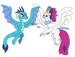 Size: 3264x2448 | Tagged: safe, artist:supahdonarudo, imported from derpibooru, princess ember, queen novo, classical hippogriff, dragon, hippogriff, series:novoember, my little pony: the movie, dragoness, female, fist bump, flying, simple background, transparent background