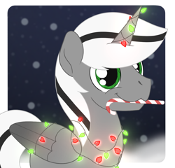 Size: 1076x1035 | Tagged: safe, artist:dyonys, imported from derpibooru, oc, oc only, oc:kafros, alicorn, pony, robot, robot pony, :3, candy, candy cane, christmas, christmas lights, fairy lights, food, holiday, male, solo, stallion