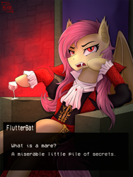 Size: 1490x1979 | Tagged: safe, artist:alicetriestodraw, imported from derpibooru, fluttershy, bat pony, pony, vampire, bat ponified, castlevania, castlevania: symphony of the night, clothes, coat, commission, crossover, dracula, flutterbat, glass, illustration, quote, race swap, sitting, solo, throne, what is a man, what is a mare, wine glass