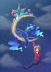 Size: 2200x3100 | Tagged: safe, artist:sugarrrpeach, imported from derpibooru, princess luna, oc, alicorn, human, pegasus, pony, fanfic:the moon has two faces, crescent moon, fanfic art, moon, stars