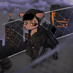 Size: 1080x1080 | Tagged: safe, artist:...macabre..., artist:1alberich1, imported from derpibooru, oc, oc only, earth pony, pony, black on black, city, clothes, piercing, shoes, solo, techwear, tomboy