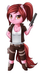 Size: 727x1280 | Tagged: safe, artist:imreer, imported from derpibooru, oc, oc only, anthro, earth pony, unguligrade anthro, clothes, earth pony oc, female, gun, simple background, weapon, white background