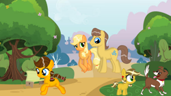 Size: 1280x720 | Tagged: safe, artist:mlplary6, imported from derpibooru, applejack, caramel, winona, oc, oc:apple honey, oc:apple sweet, dog, carajack, family, female, filly, hatless, male, missing accessory, offspring, parent:applejack, parent:caramel, parents:carajack, shipping, straight