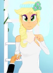 Size: 419x574 | Tagged: safe, artist:kaydenlindsey, imported from derpibooru, applejack, caramel, equestria girls, carajack, clothes, dress, equestria girls-ified, female, jewelry, looking at you, male, marriage, offscreen character, pov, ring, shipping, solo focus, straight, wedding, wedding dress, wedding ring