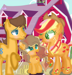 Size: 1183x1231 | Tagged: safe, artist:amoresparkle, imported from derpibooru, applejack, caramel, oc, earth pony, barn, base used, carajack, family, female, filly, male, offspring, parent:applejack, parent:caramel, parents:carajack, rainbow power, shipping, straight, sweet apple acres